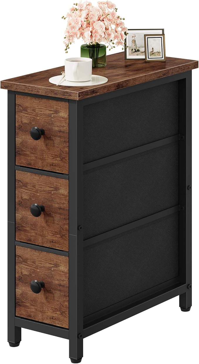 Narrow Side Table with 3 Fabric Drawers, Industrial Slim Bedside Table for Small Spaces, Bedroom, Living Room, Dormitory, Rustic Brown and Black TBZ09BF