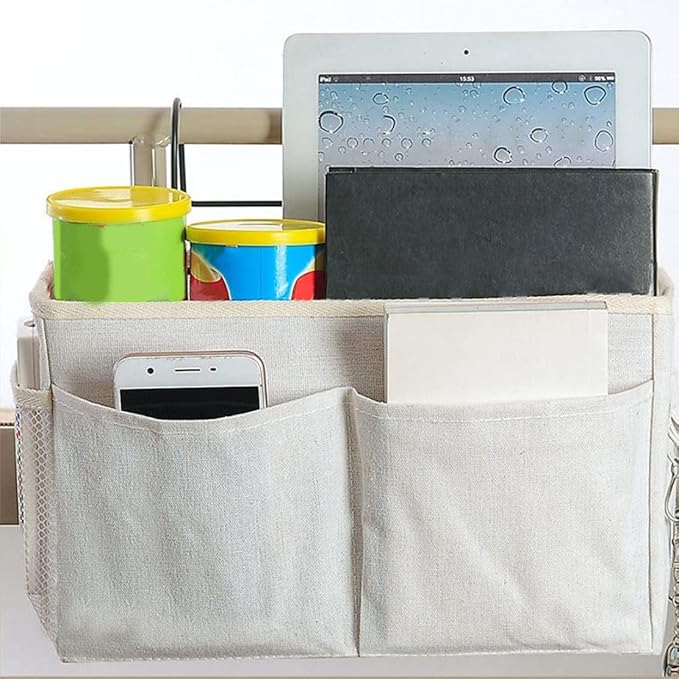Bedside Hanging Bag,Bedside Organiser,Bedside Pocket, Bedside Hanging Storage Bag Caddy Pocket Nightstand Organizer Basket White for Bunk Bed Dorm Rooms