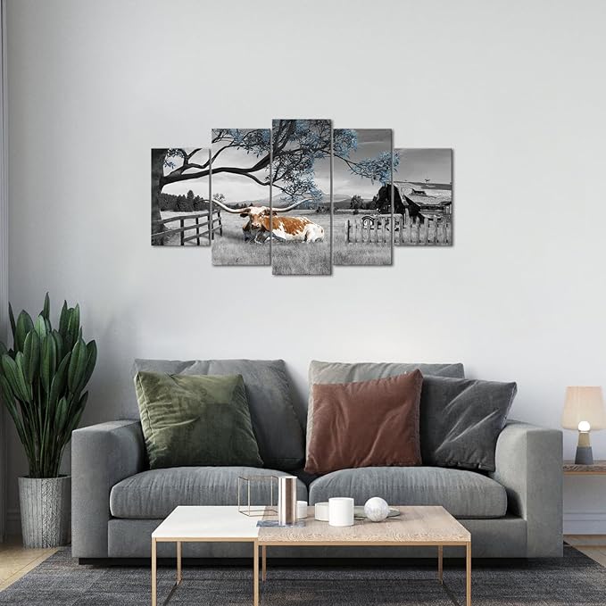 iKNOW FOTO Black and Blue 5 Panel Cow Countryside Canvas Art - Rustic Farm Picture with Barn Truck, Rural Landscape Wall Decor for Farmhouse, Bedroom, Living Room, Office