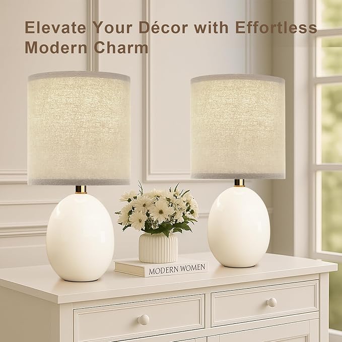 18.5" Table Lamp Set of 2 for Living Room Bedroom, Bedside Lamps for Night Stands, Desk Nightstand Lamp Dimmable, Modern Linen Cream Ceramic Lamps (White-B)