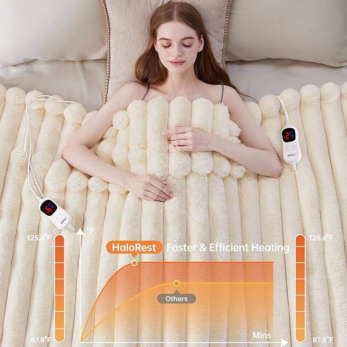 Heated Blanket Queen Size, Faux Fur Cozy Heating Blanket with Overheat Protection, 1/2/4/6/8 Hours Auto-Off 10 Heat Level, Machine Washable (84x90 Inches, Cream White)