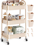 Beige 3 Tier Rolling Cart Metal on Wheels, Three Tiered Storage Organizer Utility Trolley with Wheels for Art, Craft, Baby Diaper Caddy, Snack, Book, Nail, Lash, Cleaning Supplies, Kitchen, Bathroom