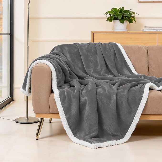 BEAUTEX Sherpa Fleece Throw Blanket Twin Size for Couch - Thick and Warm Blanket for Winter, Fluffy Flannel Plush Twin Blanket, Fuzzy Grey Cuddle Blankets for Couch Bed Sofa (60" x 80", Grey)
