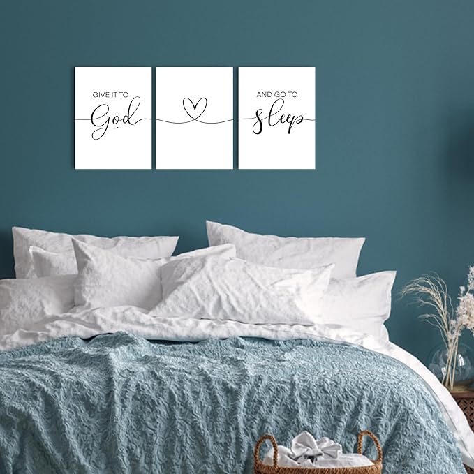Give It To God And Go To Sleep Wall Art: Modern Farmhouse Bedroom Signs Decor for Couples,Aesthetic Minimalist Bedroom Pictures Wall Decor Above Bed Hanging Wall Plaques 12x16 Inch,Set of 3
