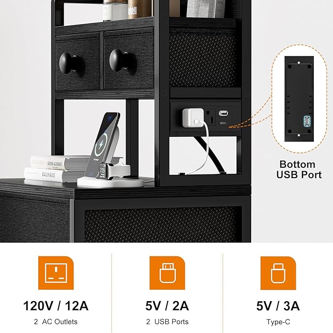 REAHOME 41 Inch Tall Nightstand with Charging Station, LED Night Stand with 6 Fabric Drawers, Bed Side Table with 3-Tier Wood Storage Shelves for Bedroom, Office, Small Spaces, Dark Gray