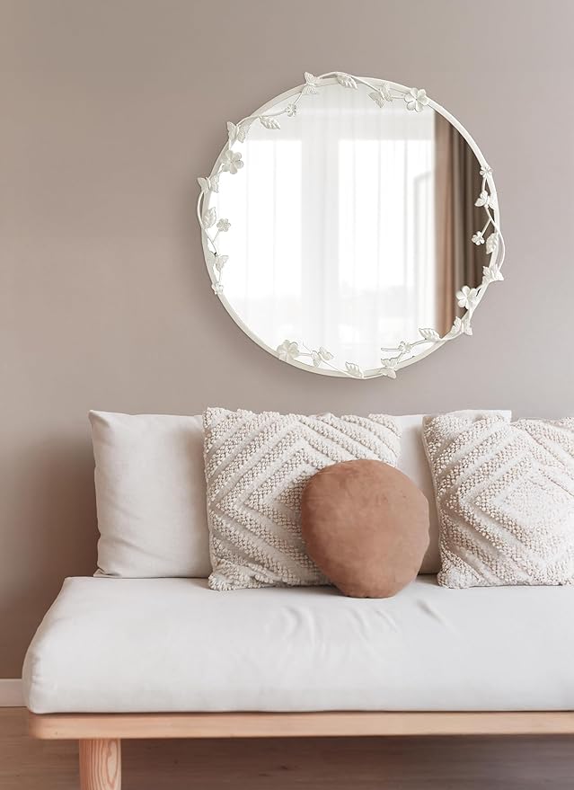 Kate and Laurel Rosella Modern Ornate Round Wall Mirror, 26 Inch Diameter, White, Circle Mirror with Floral Detailing for Use as Bathroom Mirror for Over Sink or Cute Kids Room Decor