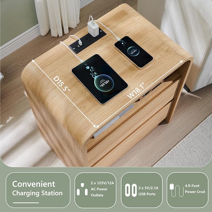 25" Tall Modern Nightstand Set of 2, 23.6'' Wide Wood Bedside Table w/2 Storage Drawers, Charging Station, Mid Century End Table for Bedroom, Living Room,Curved Profile Design, Natural Oak | Modern, Set of 2, Bedside Table, 2 Storage Drawers, Charging ...