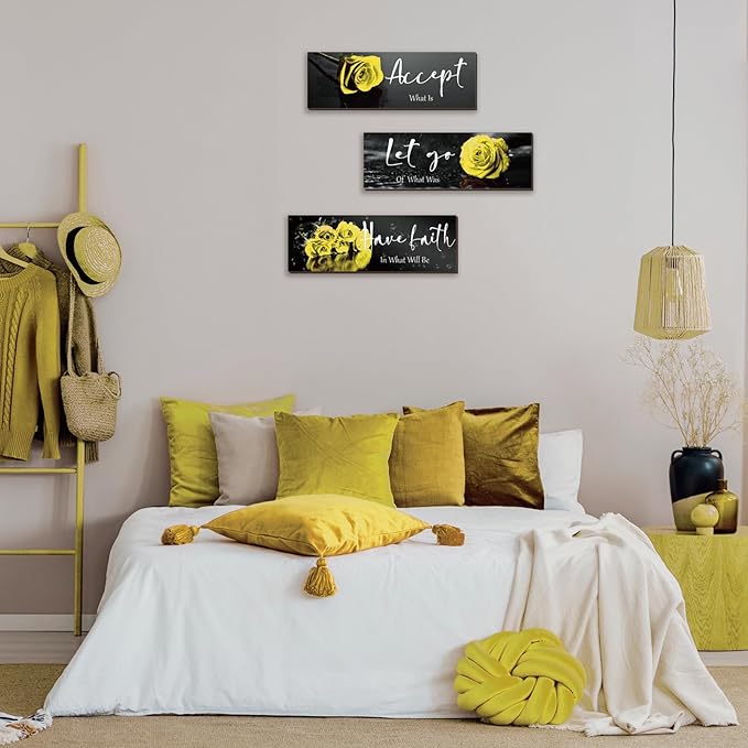 ZINYAZHE 3 Pcs Large Yellow Wall Decor Inspirational Yellow Bathroom Wooden Rose Wall Art Office Wall Decor With Accept Let Go Have Faith Quotes For Girl Women Bathroom Bedroom(yellow 16 X5)