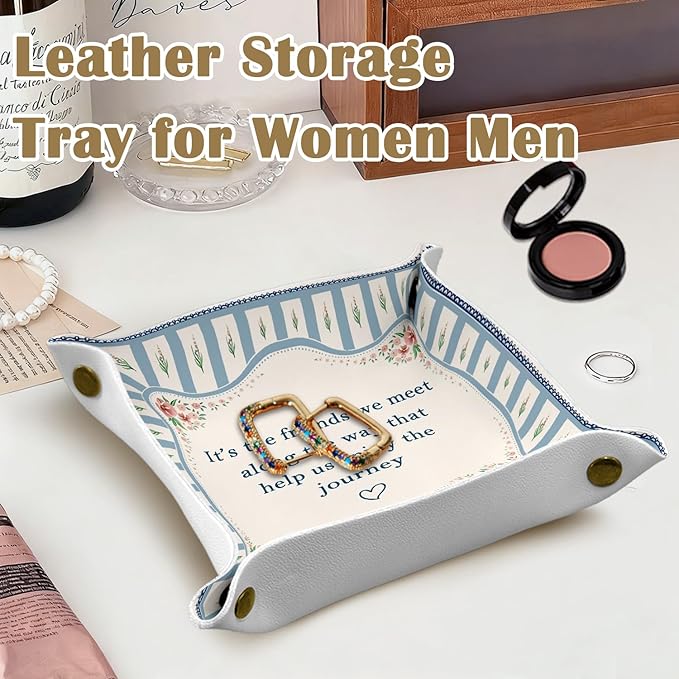 Friends Friendship Gifts for Women Leather Jewelry Valet Tray, BFF Bestie Gifts PU Leather Catchall Beside Caddy Nightstand Organizer Tray for Jewelry Rings Watches Keys, 7.8x7.8inch