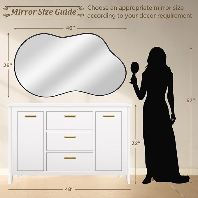 Bathroom Mirror - Black Irregular Wall Mirrors Decorative 26"x46" Asymmetrical Tempered Glass Aviation Aluminum Alloy Frame for Vanity, Bedroom, Living Room, Cloakroom, Entryway