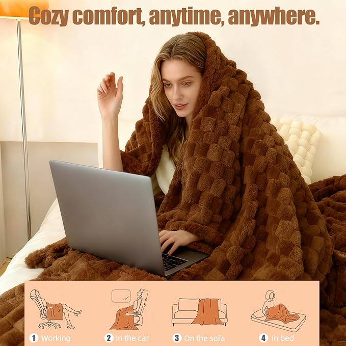 Heated Blanket Throw 50" x 60" Soft Ribbed Faux Fur Flannel Fast Heating 12 Heat Levels 1–12H Timer & Overheat Protection & Auto Shut-Off & ETL FCC & Machine Washable Heated Throw