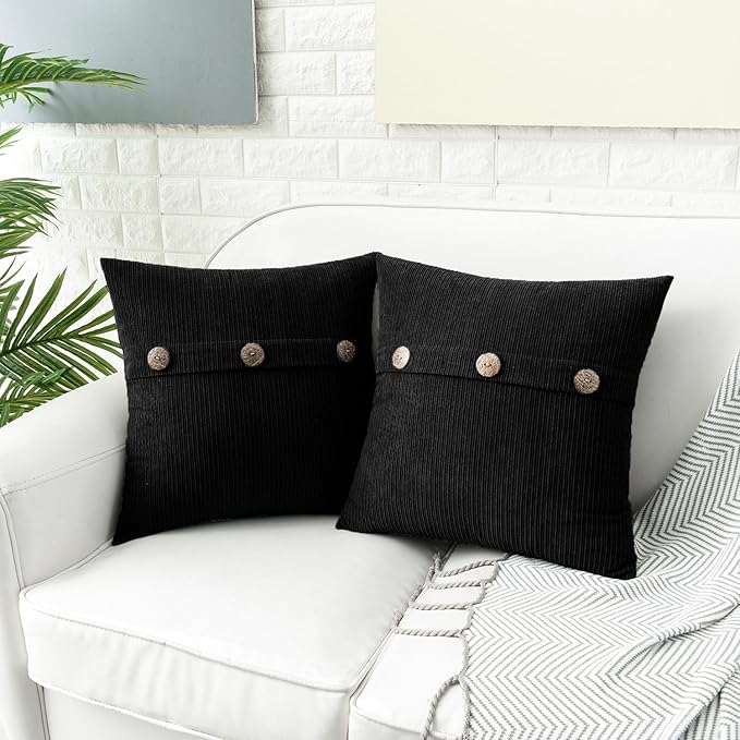 HWY 50 Black Chenille Throw Pillow Covers 20x20 Inch with Triple Buttons, Soft Farmhouse Accent Decorative Cushion Cases for Couch Sofa Bed Living Room Pack of 2