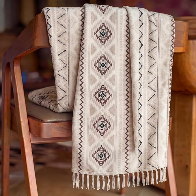 CASAAGUSTO Boho Throw Blanket - Beige and Gray Decorative Blankets with Tassel, Printed Flannel Bohemian Blanket for Chair, Bed, Sofa, Couch(60 * 80, Beige and Gray)