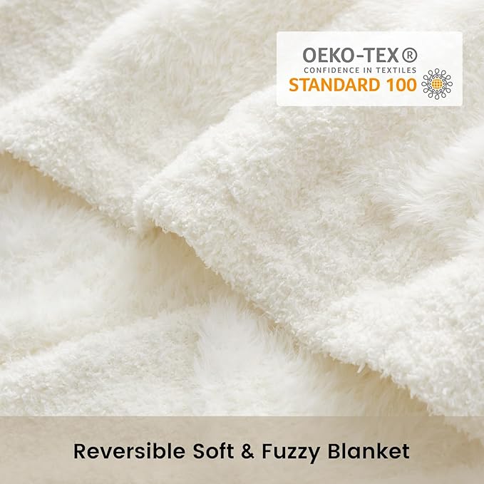 Snuggle Sac Checkered Throw Blanket Faux Fur Microfiber Blankets for Couch,Cozy Soft Warm Blanket for Sofa Bedroom Living Room,Solid Ivory,60x80 inches
