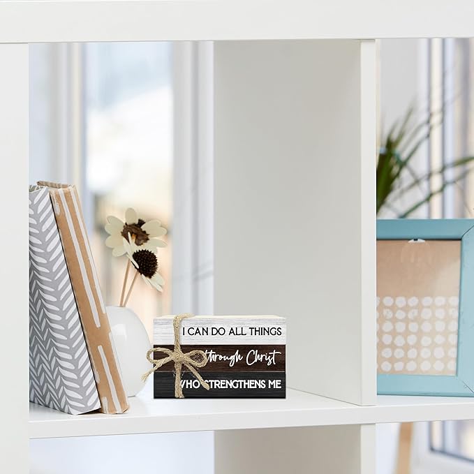 Decorative Books for Home Decor, Wood Book Stack for Table Decor, I Can Do All Things Through Christ Who Strengthens Me Decoration Books for Office Shelf, Farmhouse Stacked Books Decoration (L71)