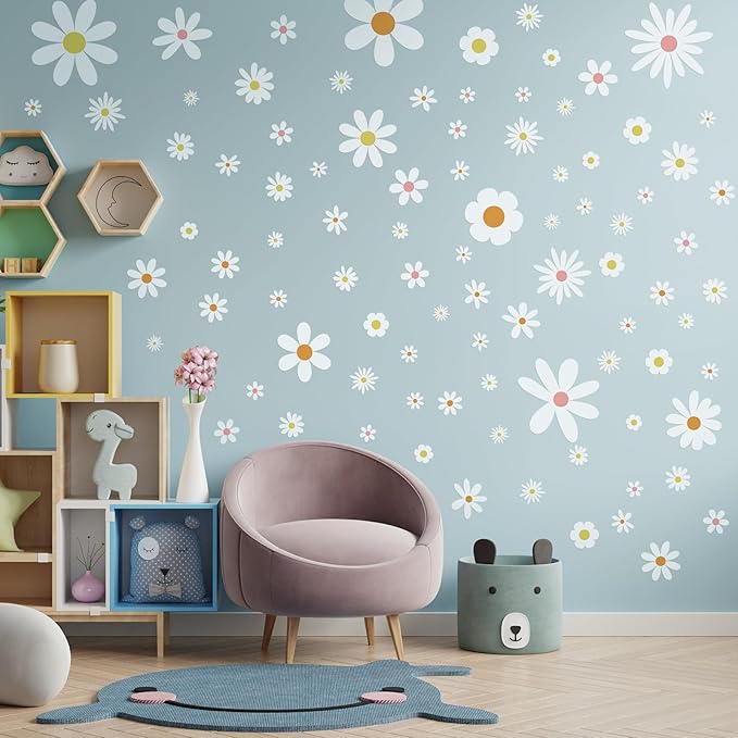 Kisston 90 Pcs Daisy Wall Decal Alphabet Vinyl Wall Decals Boho Decal Daisy Stickers Boho Groovy Floral Stickers for Nursery Art Bedroom Classroom(White)
