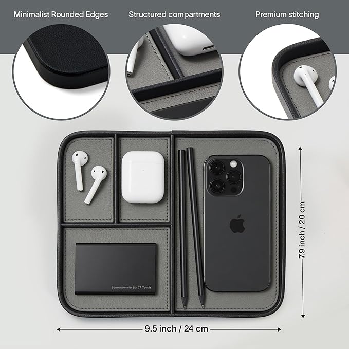 Nordik Leather Valet Tray - Pebble Black - 9.5 x 7.9 Inch Medium Vegan Leather Tray - Stylish Nightstand Organizer for Men - Modern Bedside Caddy - EDC Catchall for Key Watch Wallet Jewellery
