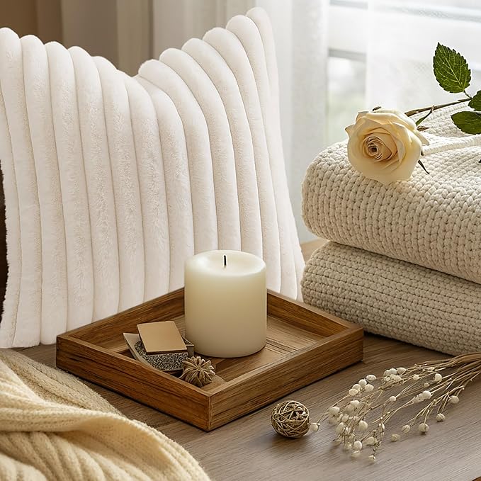 decorUhome Summer Cozy Faux Fur Throw Pillow Covers 12x12 Set of 2 Decorative Soft Plush Striped Modern Farmhouse Boho Couch Pillow Cases with Velvet Back for Sofa Bed Living Room, Cream White