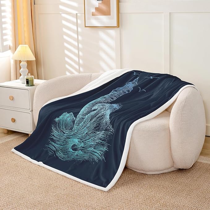 Nautical Lighthouse Fleece Blanket, Sea Wave Splash Spray Flying Birds Ocean Navigation Theme Hand Drawn Sherpa Blanket,Decorative Sofa Blanket Throw Lightweight, Throw 50"x60", Blue Black