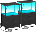 Night Stand Set 2, LED Nightstand with Charging Station, End Tables with Storage Shelf, Bed Side Table with 2 Fabric Drawers for Bedroom, Small Spaces, Black, HETS02BK