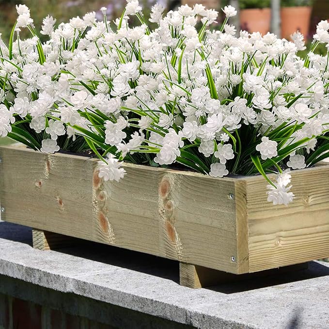 Artificial Flowers, 20 Bundles Outdoor Fake Flowers for Decoration UV Resistant Faux Plastic Plants Garden Porch Window Box Décor (White)