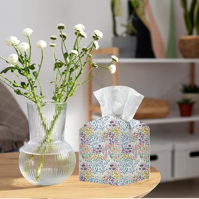Tissue Box Cover, Tissue Box Holder, Square with Belt Bottom, PU Leather Decorative Organizer for Desk, Tabletop, Countertop Bathroom, Toilet Car, Office, Dresser Bedside, Aesthetic Wildflowers Decor