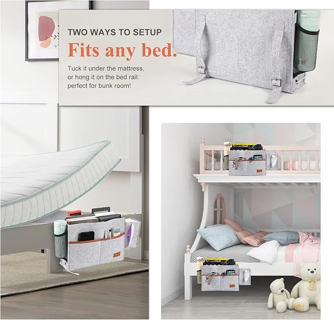 Surblue Bedside Caddy Felt Bed Storage Organizer Hanging Bag with Tissue Box and Water Bottle Pocket for Mattress, Sofa, Bunk Bed, Light Gray