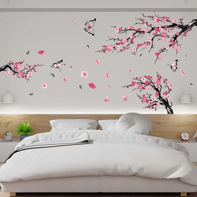 Pink Watercolor Cherry Blossom Flower Wall Stickers - Tree Branch Birds Floral Cherry Blossom Wall Decals - Living Room Bedroom TV Sofa Background Family Wall Decor