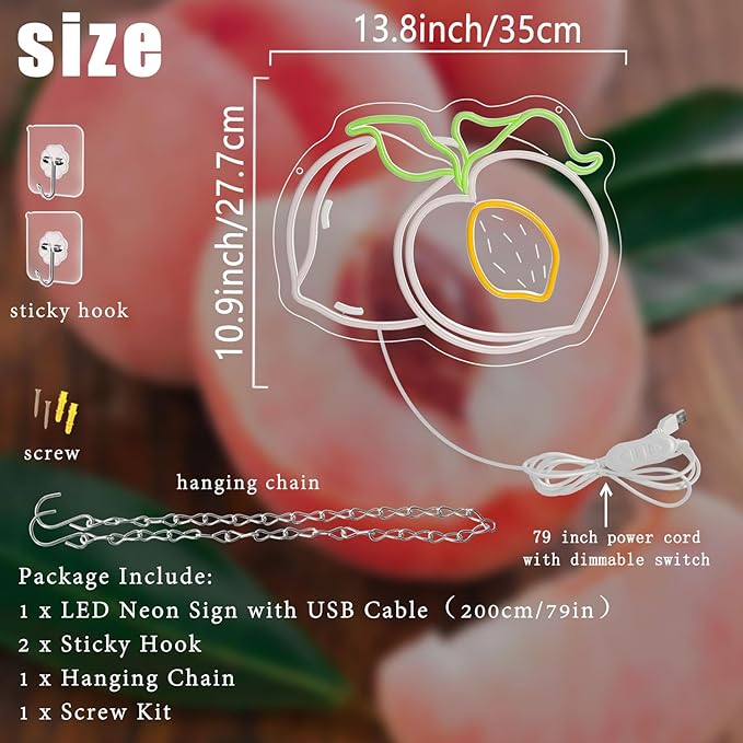 Peach Neon Sign for Wall Decor, Dimmable Pink Peaches Fruit Neon Lights, Vibrant Fruit Themed Neon LED Signs for Kids Room, Bedroom, Restaurant, Bar, Club, Fruit Shop, Birthday Party