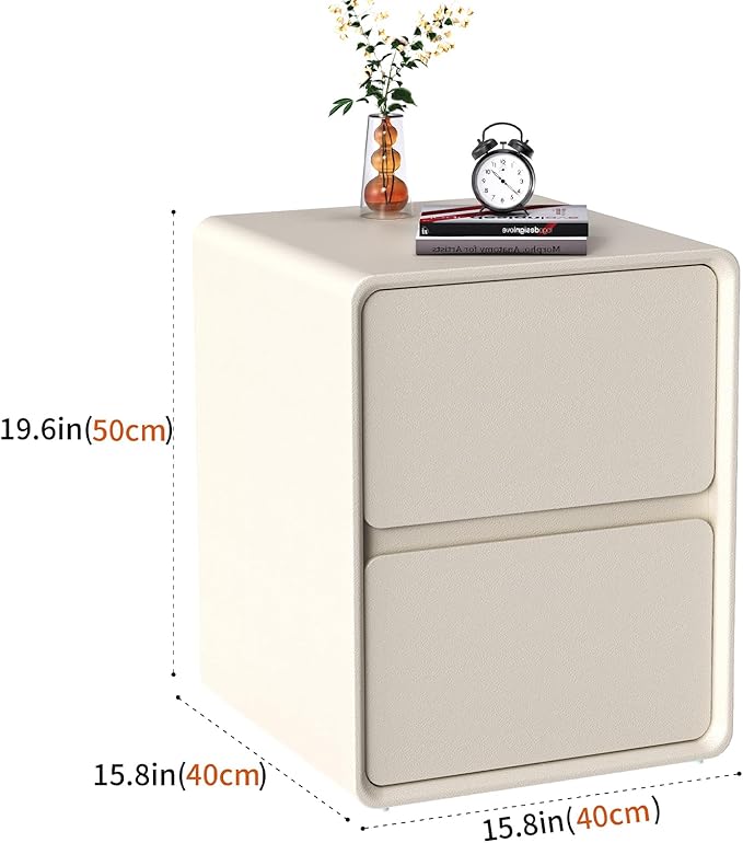 VICITON Modern Narrow Faux Leather Nightstand, Solid Wood Drawer, Storage Accent Table, Small Side End Table for Bedroom (Cream White, Large(15.8 inch))