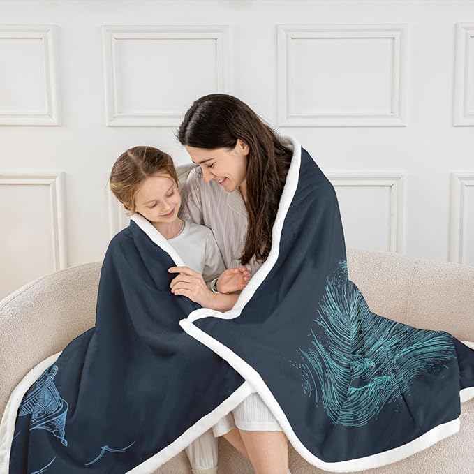 Erosebridal Nautical Lighthouse Fleece Blanket, Sea Wave Splash Spray Flying Birds Ocean Navigation Theme Hand Drawn Sherpa, Decorative Sofa Throw, Baby 30"x40", Blue Black