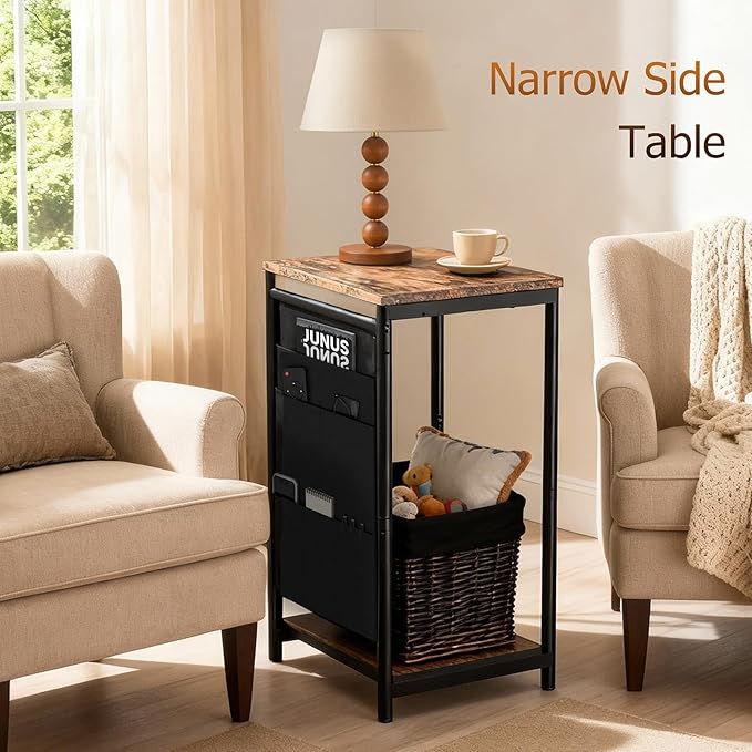 Small Narrow Side Table,Slim End Table with Storage Pockets for Small Spaces,Living Room,Bedroom,Sofa Couch,Office,Skinny Nightstands with 2 Tiers Open Storage,Rustic Brown