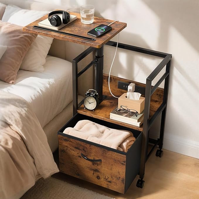 360° Swivel Nightstand with Height Adjustable, Lift Top Bedside Table with Charging Station, Rolling Night Stand with Fabric Drawer, End Table with Wheels, for Bedroom, Living Room, Rustic Brown