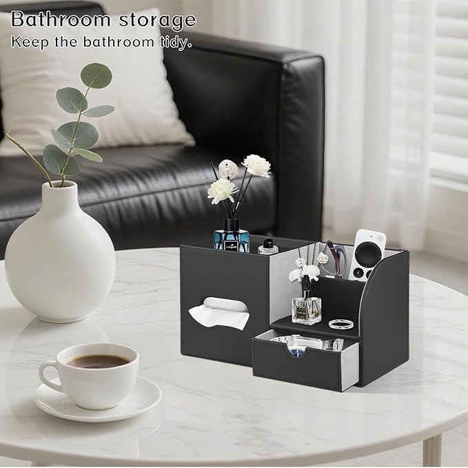 PU Leather Square Tissue Box Cover with Tray and Organizer,Multi-Function Remote Control Tissue Holder for Vanity, Nightstand,Bathroom,Home and Office