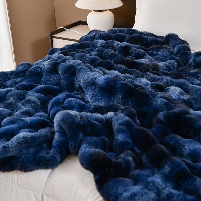 H&D Faux Fur Throw Blanket for Couch,Fluffy Cozy Soft Plush Luxury Thick Fuzzy Fleece Blanket for Couch Bed Sofa Bedroom Living Room,Comfy Bubble Blanket