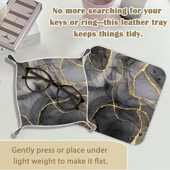 Marble Jewelry Valet Tray for Women Men, Black and Gold Marble PU Leather Catchall Beside Caddy Nightstand Organizer Tray for Jewelry Rings Watches Keys and Accessories, 7.87x7.87in
