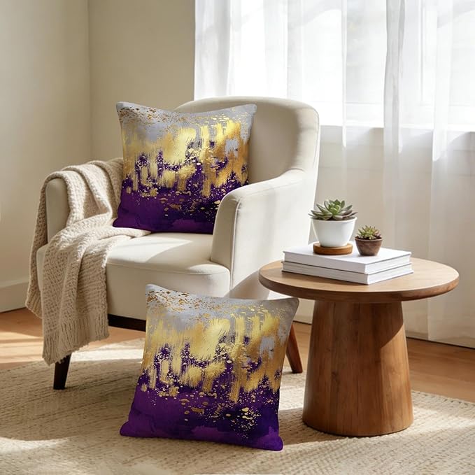 Purple and Gold Abstract Art Throw Pillow Covers, 18x18 Inch, Gold Purple Decorative Pillows for Couch Living Room Bedroom Sofa Decor, Luxury Modern Art Pillowcase Cushion Covers