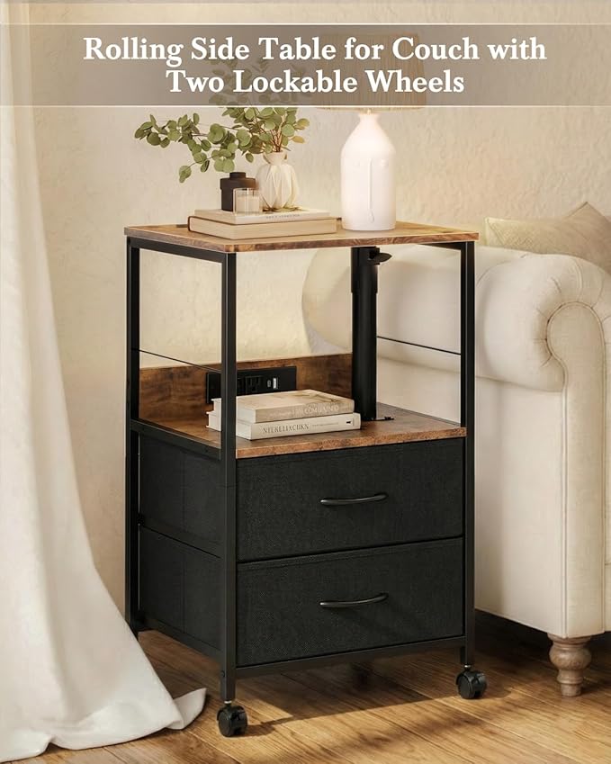 360° Swivel Nightstand with Height Adjustable, Lift Top Bedside Table with Charging Station, Rolling Night Stand with 2 Fabric Drawers, End Table with Wheels, for Bedroom, Living Room, Brown Black