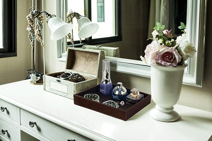 HofferRuffer Decorative Vanity Tray, Desktop Storage Organizer, Catchall Tray, Valet Tray, Nightstand or Dresser Organizer, PU Faux Leather Bathroom Tray, Brown, 10.2 x 8.4 x 1.8 inches
