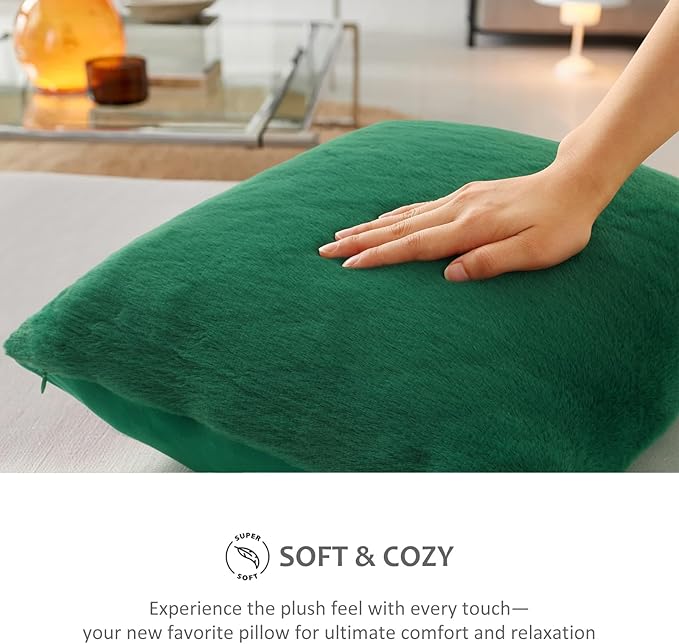 Pallene Faux Fur Plush Christmas Throw Pillow Covers 18x18 Set of 2, Soft Fluffy Couch Pillow Covers for Living Room, Christmas Green