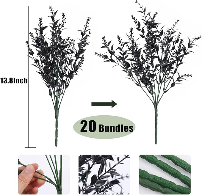 RECUTMS Black Decor 20 Bundles Artificial Flowers Fake Outdoor Plants Faux UV Resistant Lavender Flower Plastic Shrubs Indoor Outside Hanging Decorations (Black, 20 Bundles)