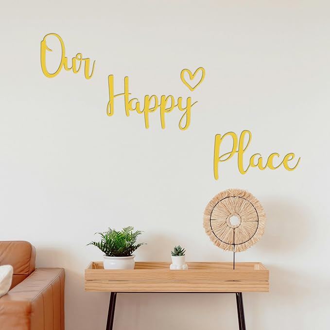 Our Happy Place Sign Metal Wall Decor Hanging Art Words Home Decor for Patio, Living Room, Bedroom, Kitchen, Bathroom and More, Gold