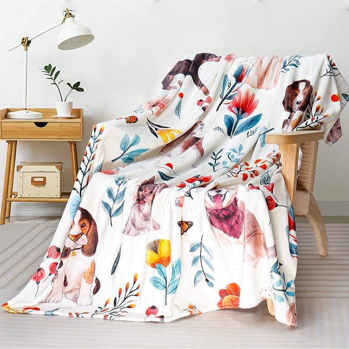 Dog Floral Flower Throw Blanket Gift for Dog Lover Blanket Dogs Themed Flannel Fleece Cozy Fuzzy Plush Throw Blankets for Home