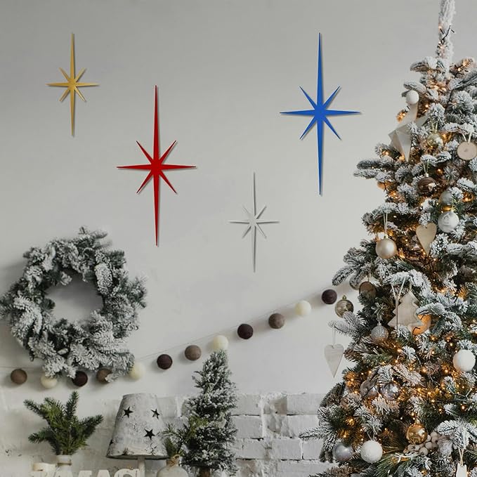 sxnzequnze 4 Pack Metal Star Wall Art 8 Pointed Starburst Wall Decor Set with 2 Large & 2 Small Pieces Mid Century Celestial Metal Wall Sculpture for Bedroom Living Room Office Gallery Wall