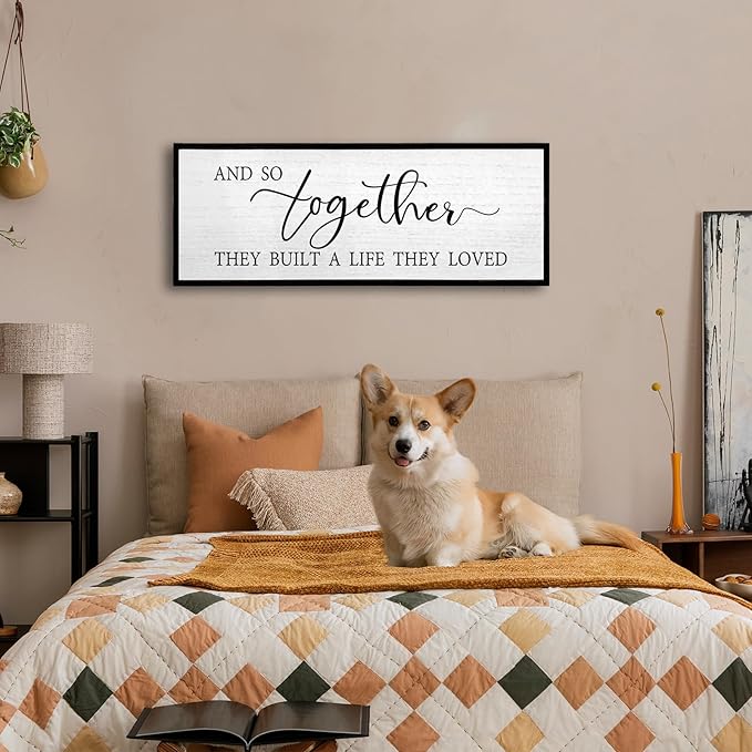 And So Together They Built A Life They Loved Wall Decor 32”X12” Rustic Master Bedroom Large Wood Framed Sign Above Bed Modern Farmhouse Quotes Couple Wall Art Over Bed Hanging Decoration (Black)