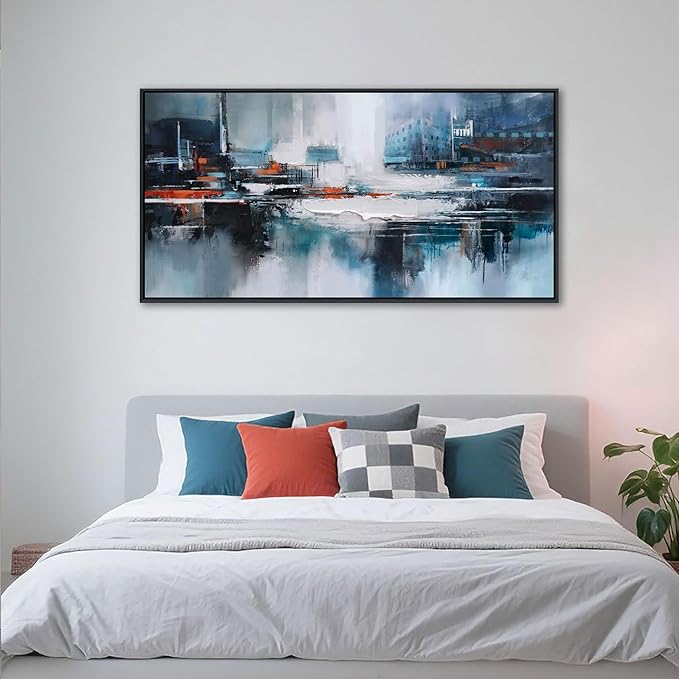 Abstract Wall Art for Living Room - Modern Blue Wall Decor, Large Canvas Artwork, Framed Wall Art Bedroom Pictures, Navy Decor for Above Bed, Contemporary Home Decor 20×40IN