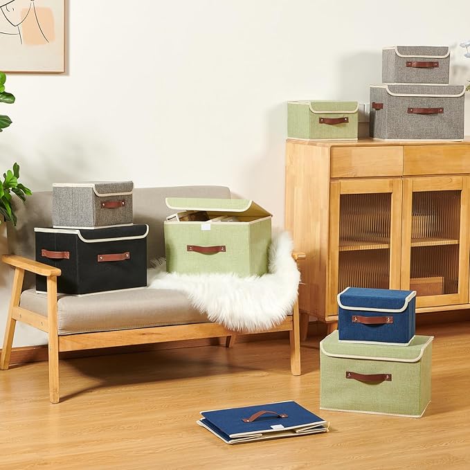 2PCS Storage Boxes with Lid Cotton Linen Fabric Storage Bins Organizer Container Decorative Collapsible Washable Shelf Closet Baskets Faux Leather Handles Home Bedroom (Green, Large Size)