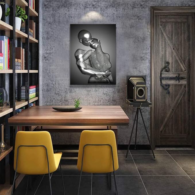 Framed 3 Pcs Love Heart 3d Wall Art Metal Sculpture Romantic Couple Abstract Art Prints Posters Decor Grey Black and White Canvas Printsfor Bedroom Living Room Bathroom Hotel Valentine'S Day ready to