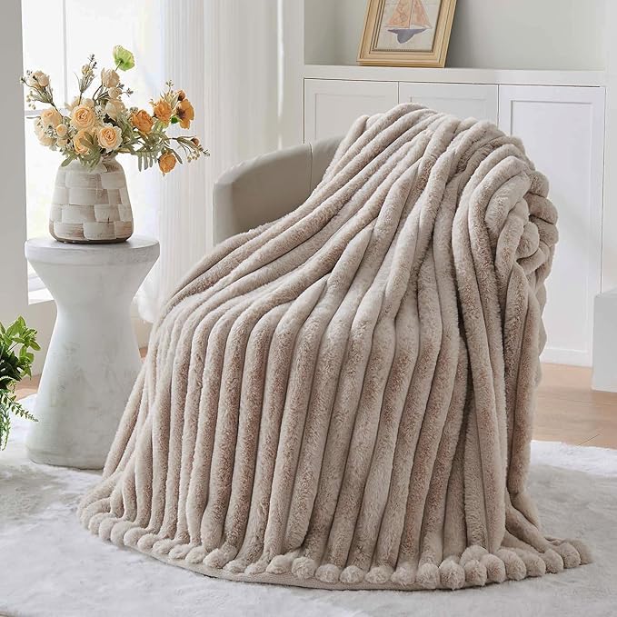 Lotus Karen Faux Fur Twin Blanket for Couch, Cozy Soft Fluffy Fuzzy Linen Blanket, Striped Warm Thick Furry Plush Shaggy Small Blankets for Women, 60x80 Inches