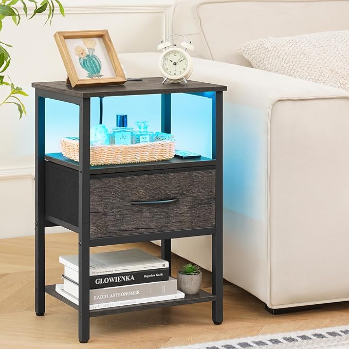 Yoobure Grey Night Stand with Charging Station, LED Nightstand for Bedroom, Bedside Tables with Adjustable Fabric Drawer, 3-Tier End Table Living Room, Small Side Table with Storage
